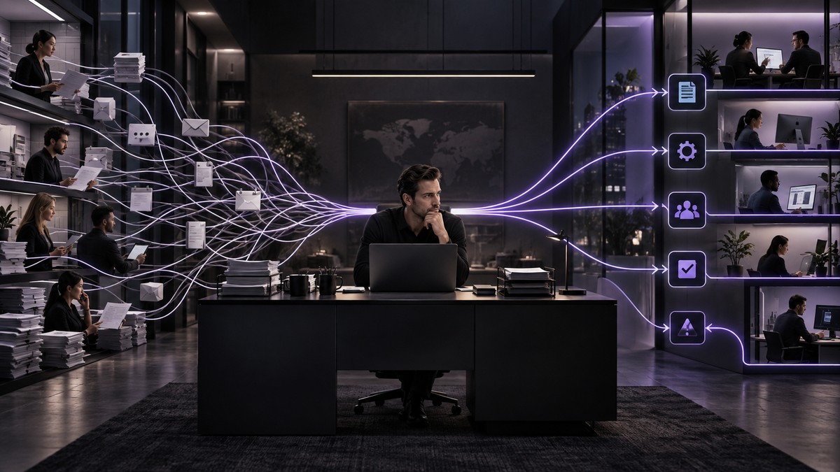 Service-business owner at the centre of overloaded workflows being reorganised into owned operational routes