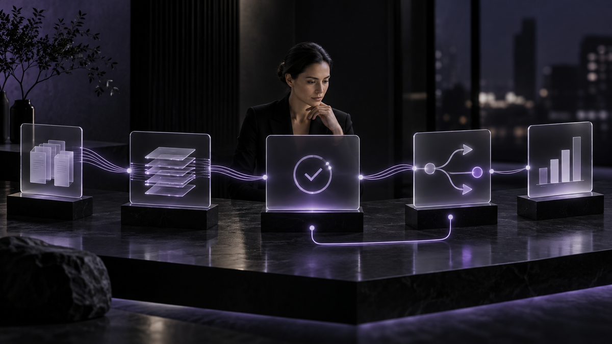 Service-business operator reviewing a five-stage AI workflow with human approval and measurable outcomes