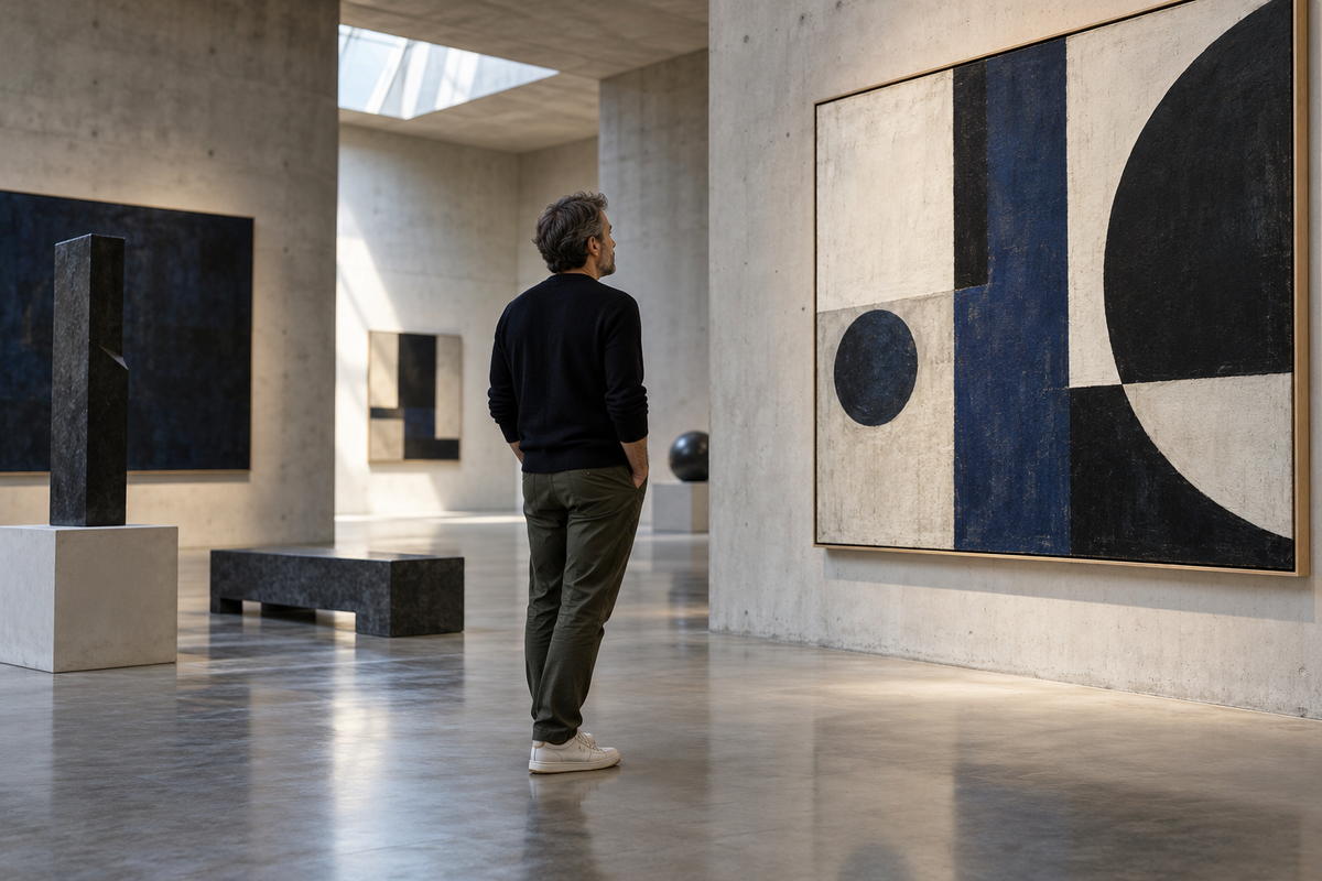 A man standing alone in a spacious gallery, looking at a geometric artwork beneath soft skylight.