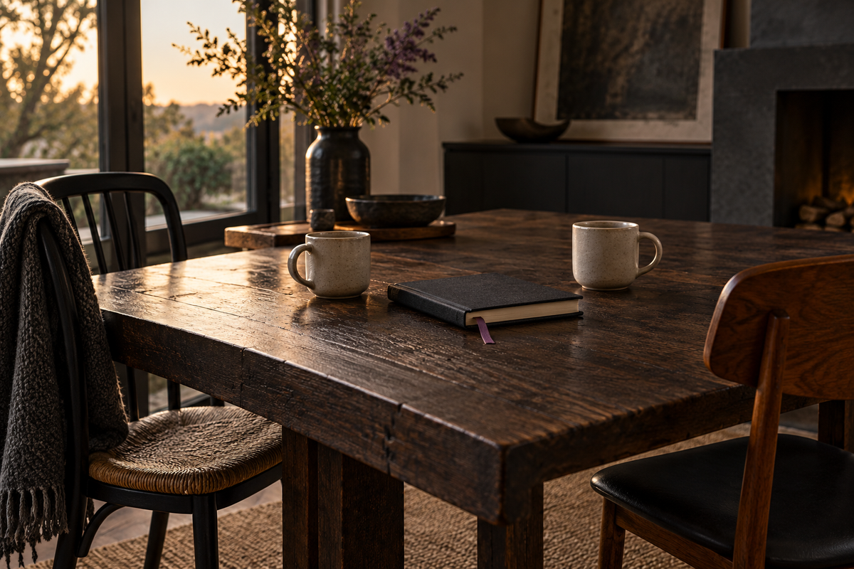 Two ceramic mugs and a closed notebook on a dark wooden table between two chairs.