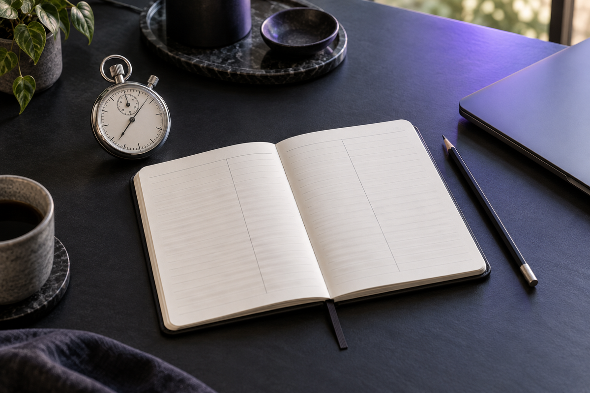 An open notebook, pencil, stopwatch and closed laptop on a dark desk.