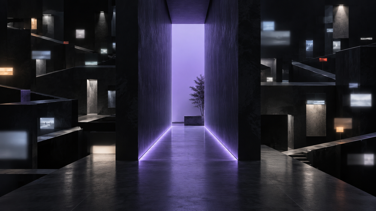 Fragmented digital light panels surrounding one calm protected ultraviolet focus corridor