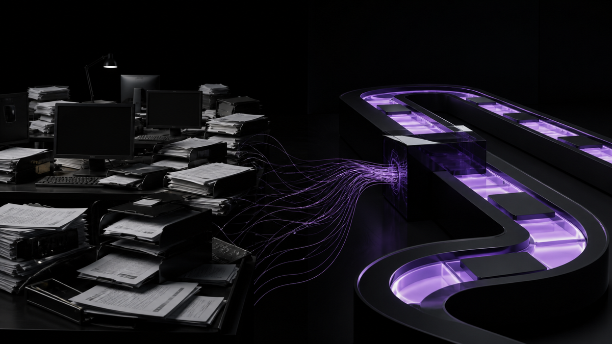 Disconnected manual workstations and paper trays feeding into one clean ultraviolet operations system