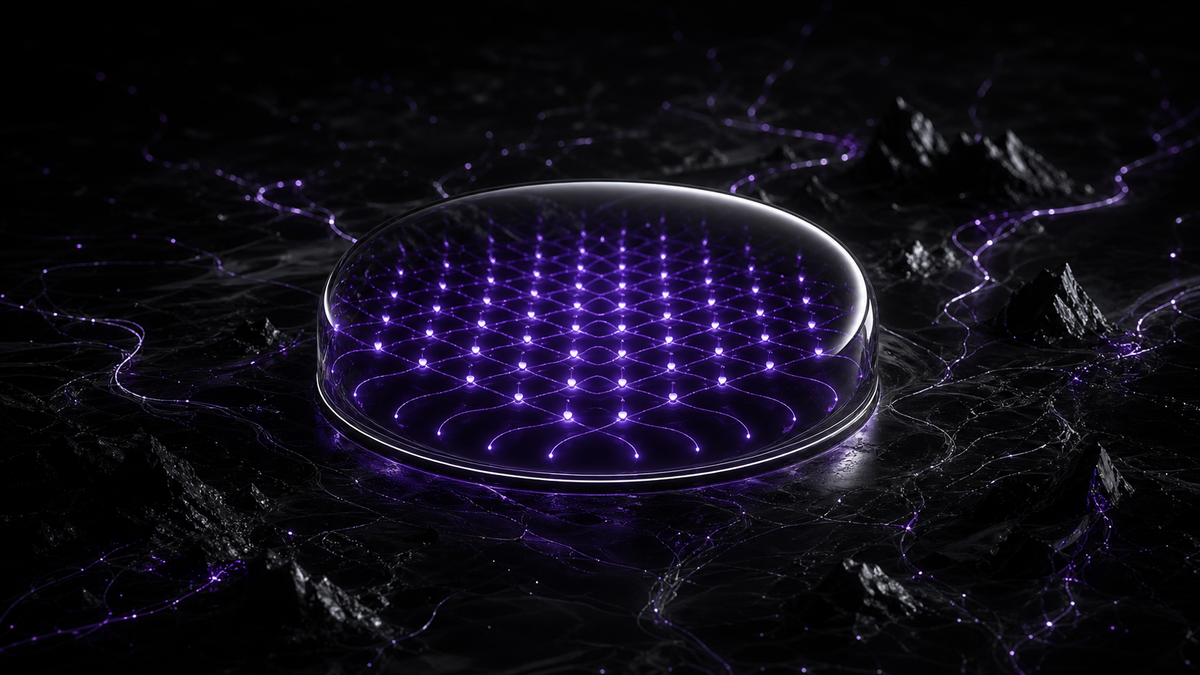 A precise ultraviolet boundary protecting a stable operating rhythm from surrounding black-glass interruptions
