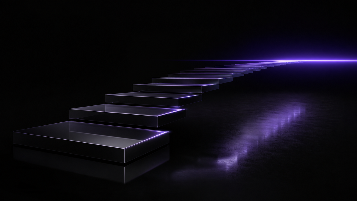 Black-glass steps aligning into an ultraviolet horizon, representing intentional income growth.