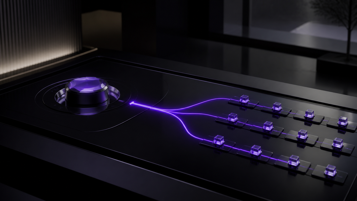 A black-glass operating desk with an ultraviolet decision path separating owner judgment from repeatable business workflows.