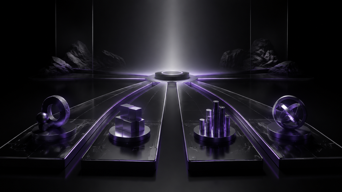 Four black-glass pathways representing different MindShift starting points converging on one illuminated decision platform