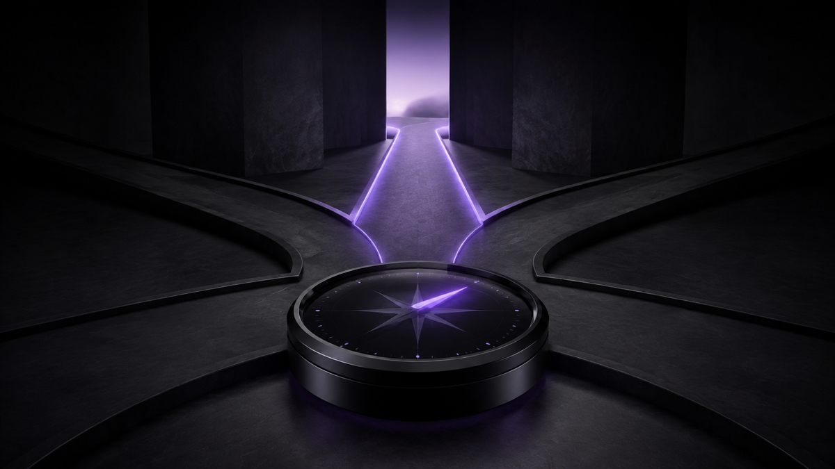 A black-glass diagnostic compass revealing one illuminated ultraviolet path among several possible starting routes