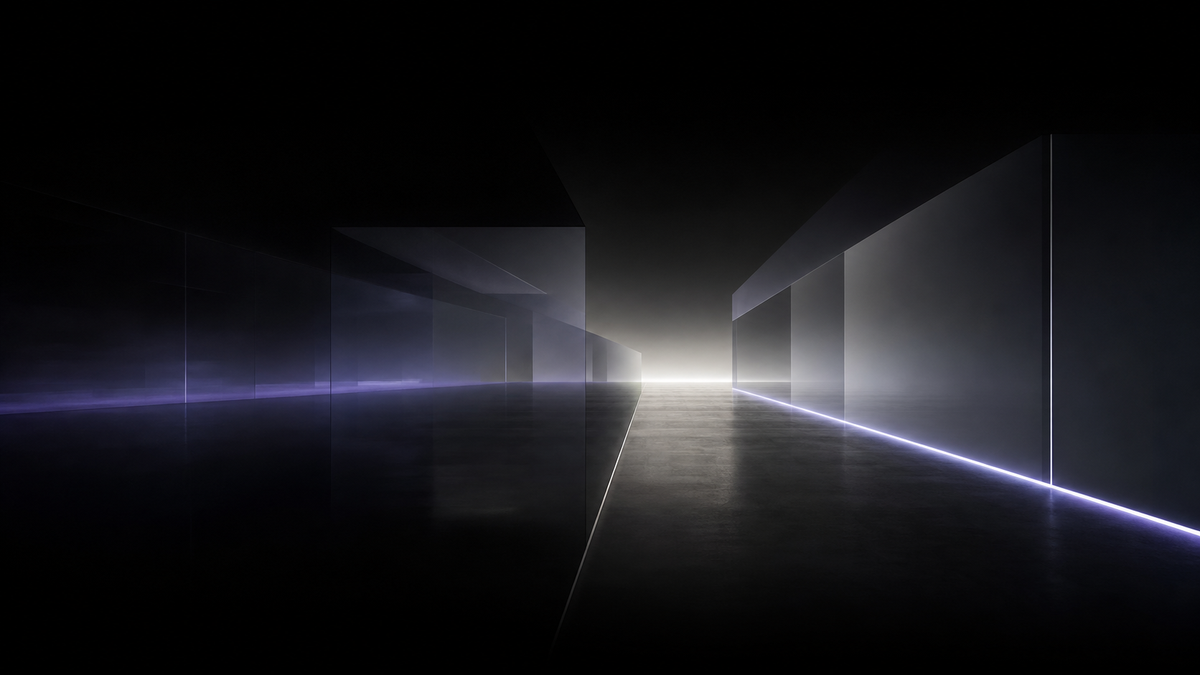 Dark architectural planes resolving into a clearly illuminated corridor and horizon