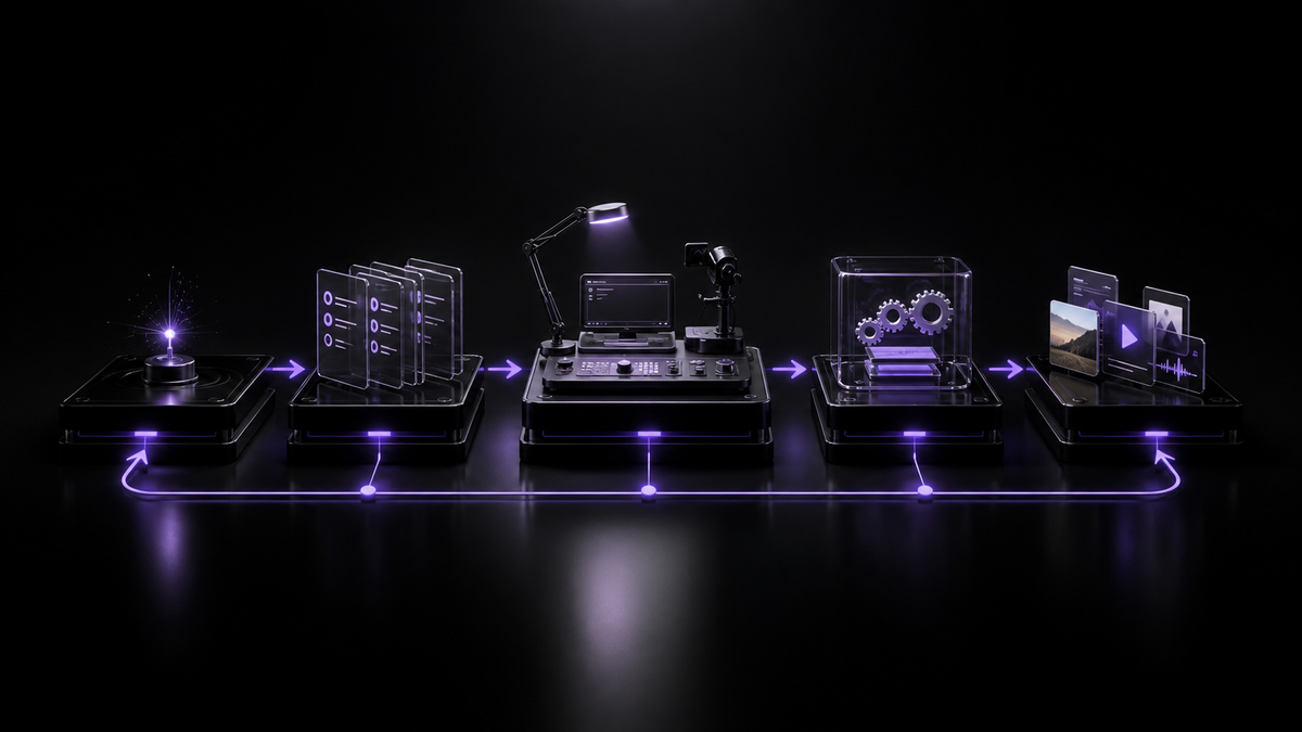 Five-stage black and ultraviolet content pipeline showing an idea moving through planning, production, approval and distribution.
