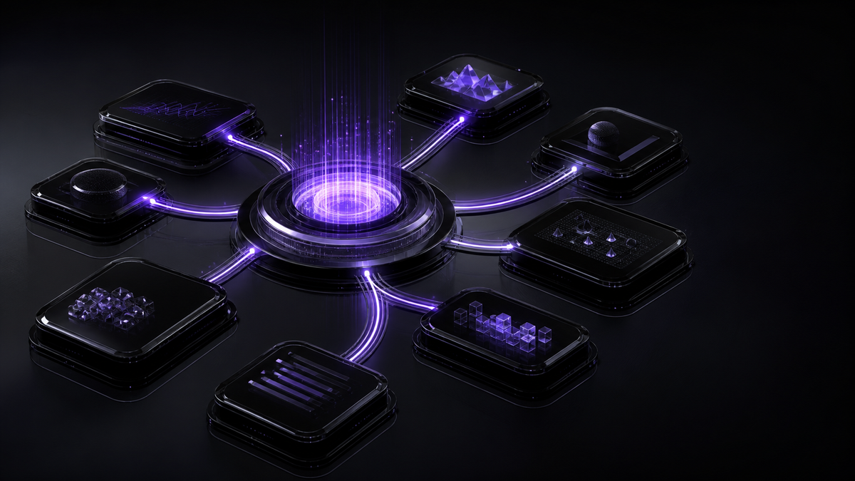 Connected black-glass content modules forming one focused ultraviolet creator system.