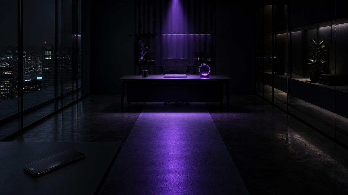 A dark workspace with an ultraviolet focus path, a closed phone and a protected desk designed for uninterrupted deep work.