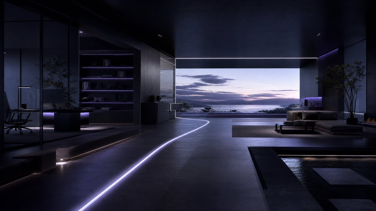 A calm architectural environment connecting focused work and recovery through one illuminated path