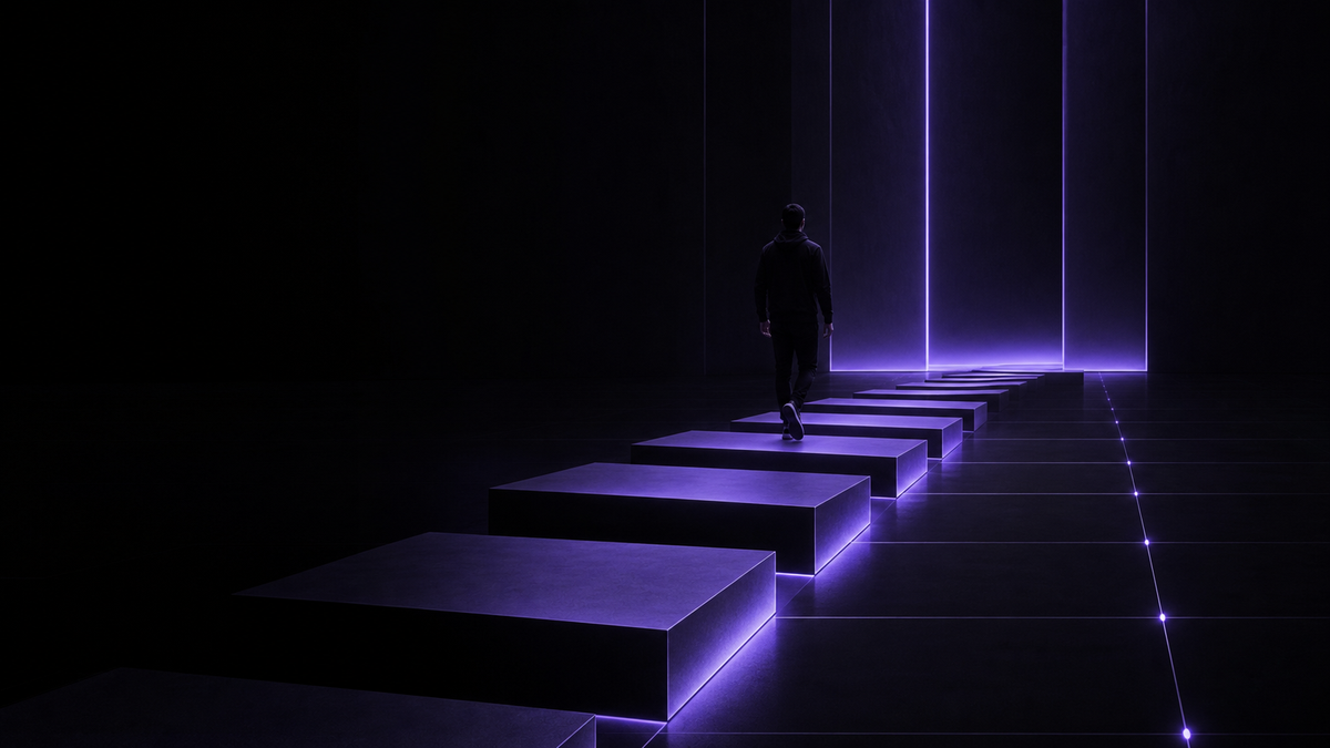 A person following a precisely structured ultraviolet path, representing discipline built through systems