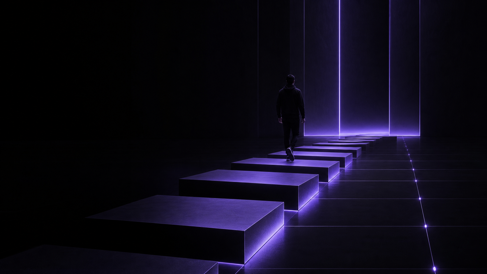 A person following a precisely structured ultraviolet path, representing discipline built through systems