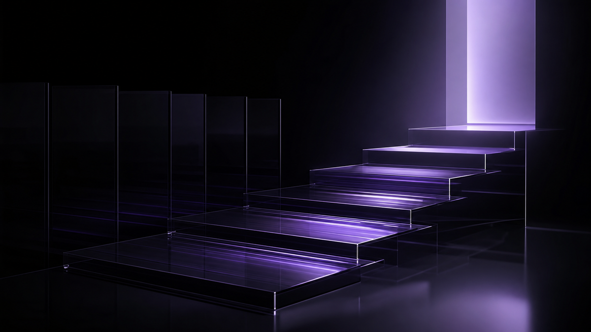 Black glass ledger steps rising into controlled ultraviolet light, representing financial clarity and steady progress.