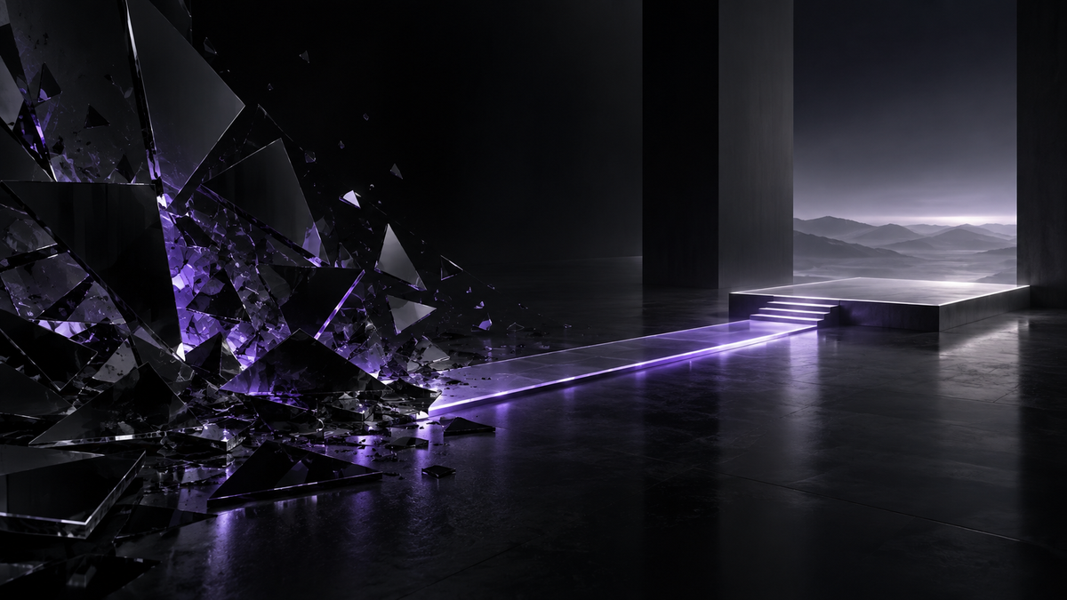 Scattered black-glass fragments becoming one ultraviolet path towards a stable architectural platform