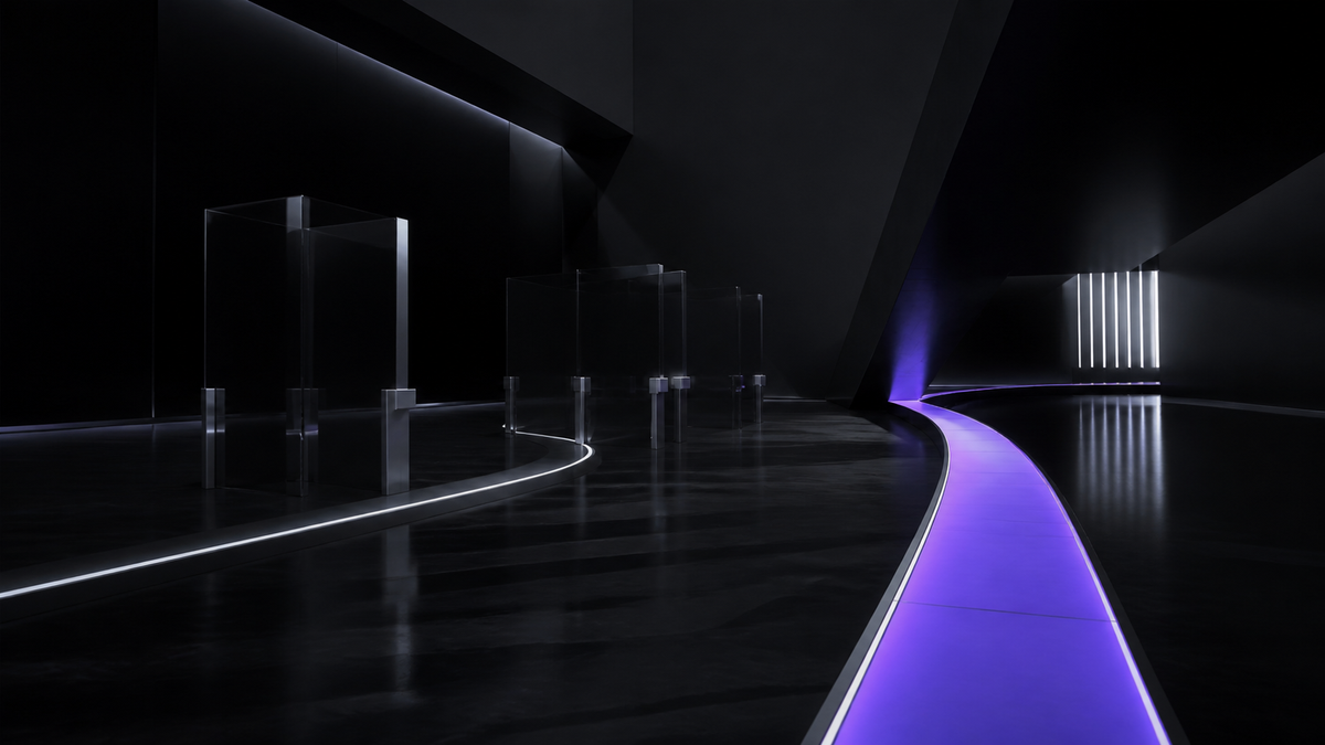 A blocked black-glass route beside one clear ultraviolet path through a minimal architectural space