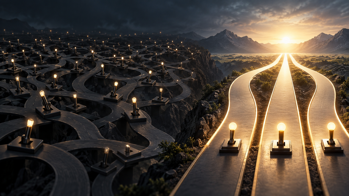 A premium conceptual scene showing the weight of too many decisions