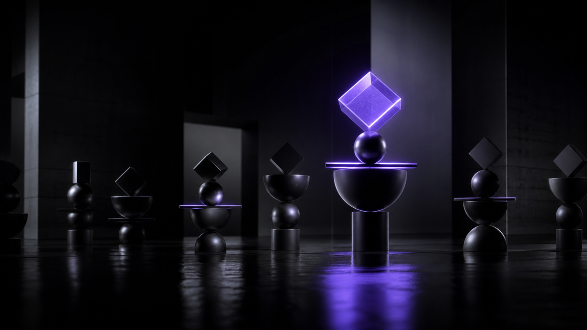 Balanced black sculptural forms organised around one elevated ultraviolet focal point.
