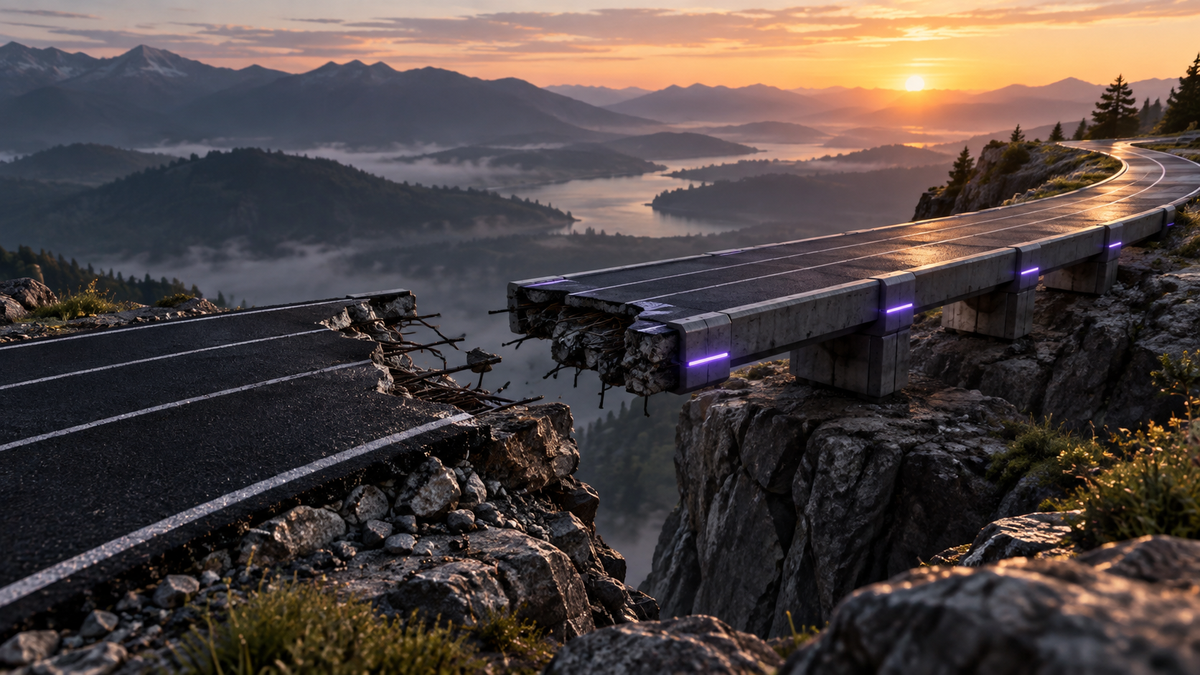 A damaged road rebuilt into a strong bridge leading toward a calm sunrise
