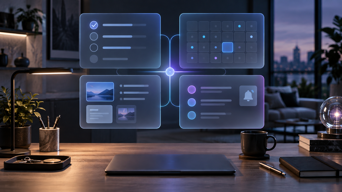An organised AI-supported personal system displayed above a calm workspace