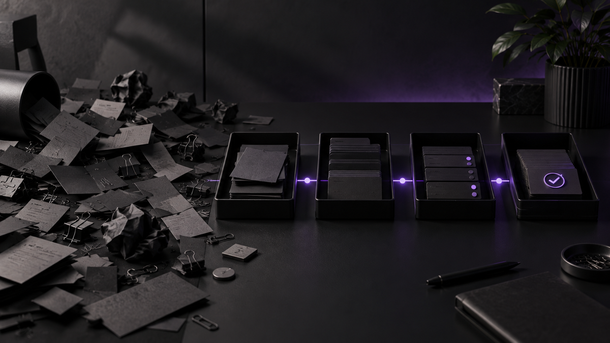 Scattered papers and a tipped container sit beside orderly trays on a dark desk.