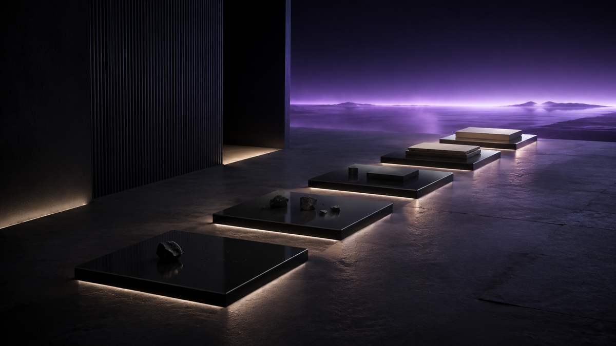 Five illuminated black-glass stages showing measurable progress through a structured life reset