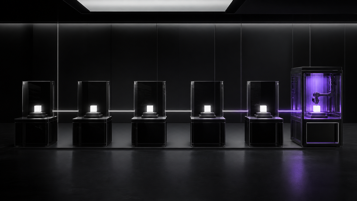 Six black-glass workflow stages carrying one illuminated object into a controlled ultraviolet automation cell