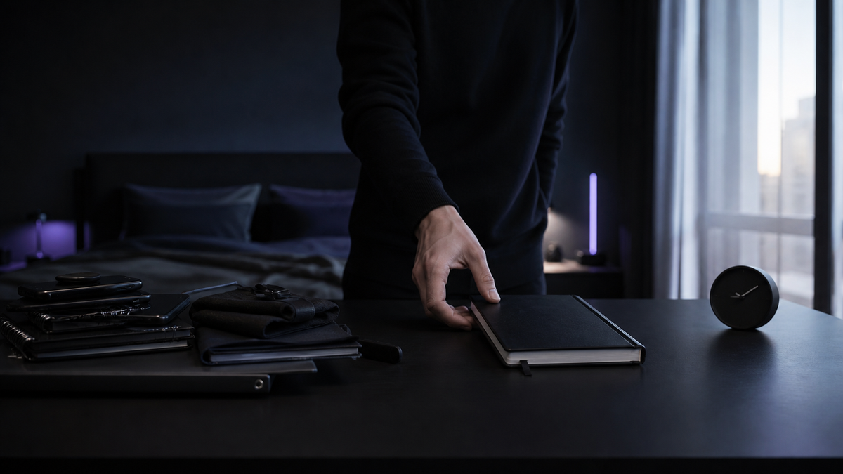 A person choosing one clear notebook beside unnecessary routine objects in a calm dark workspace