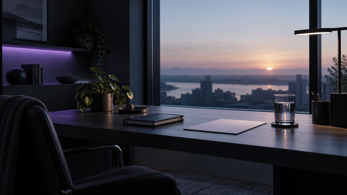 A calm morning planning desk with a notebook and soft ultraviolet light
