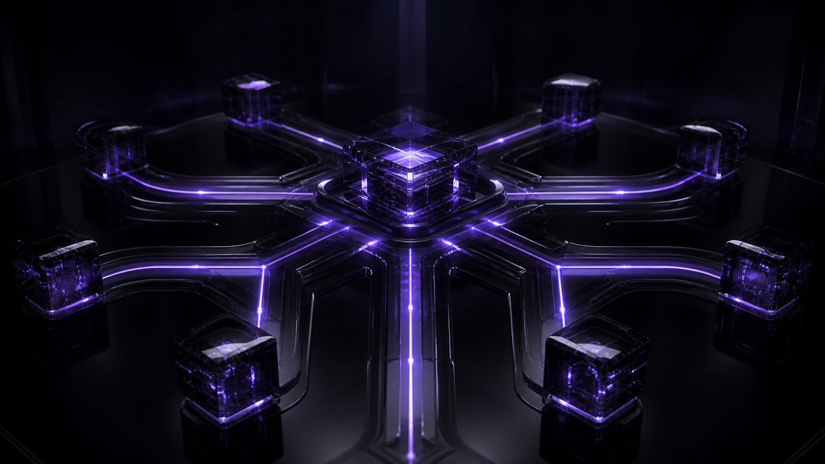 Nine connected ultraviolet pathways forming one organised personal operating system on a black glass surface