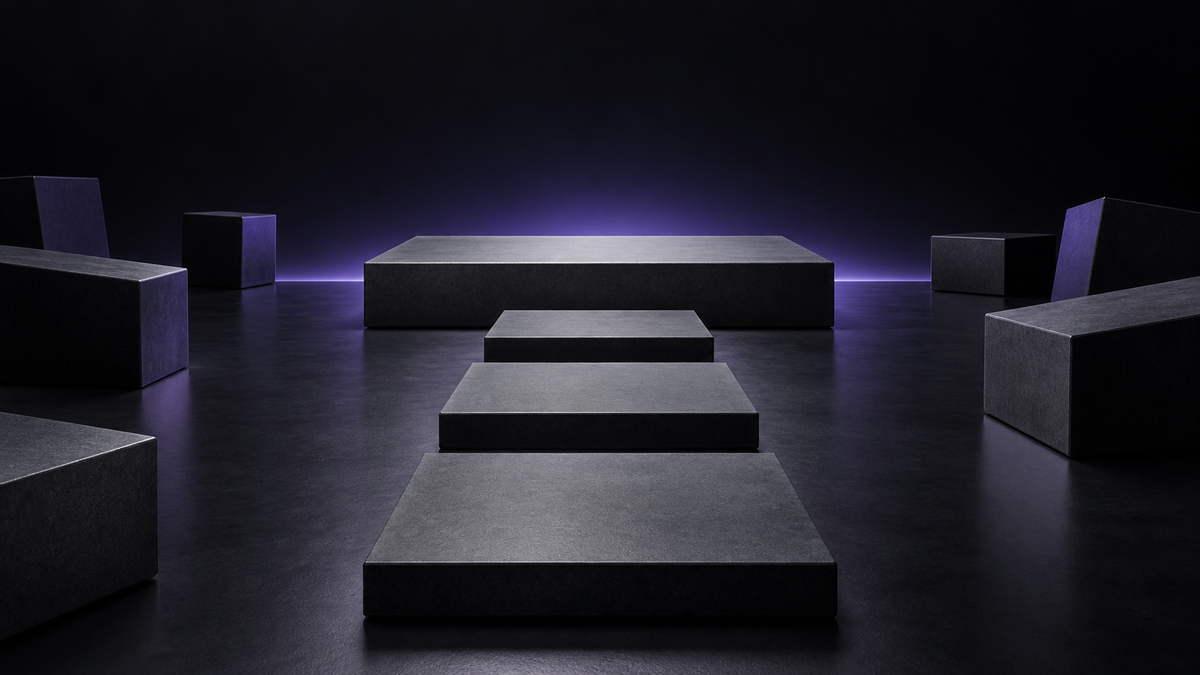 Plain graphite blocks forming an ordered path toward a stable platform in a dark ultraviolet-lit space