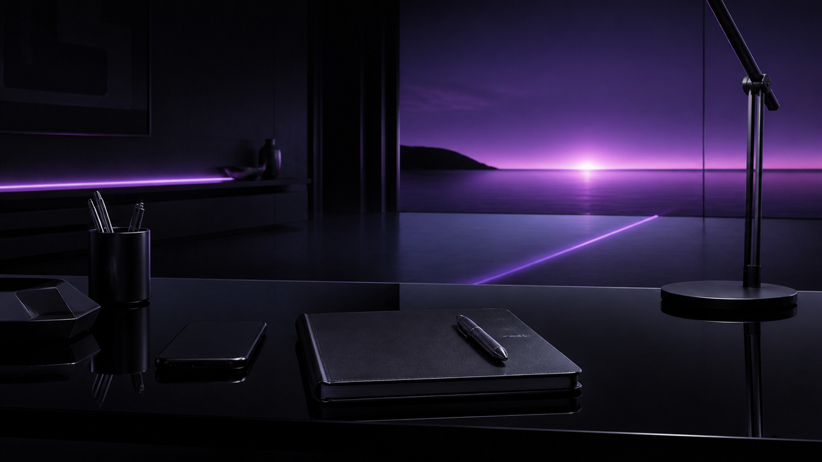 Closed black notebook and face-down phone on an ordered desk facing a calm ultraviolet horizon