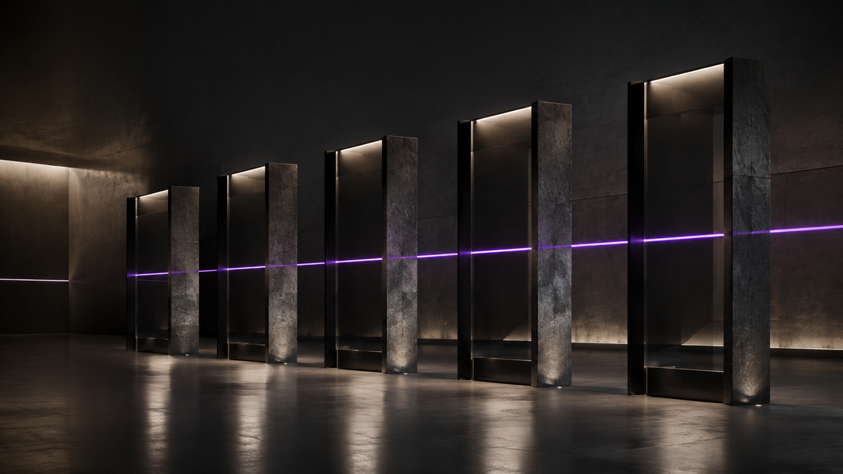 Black architectural frames aligned by one ultraviolet reference line representing consistent personal standards
