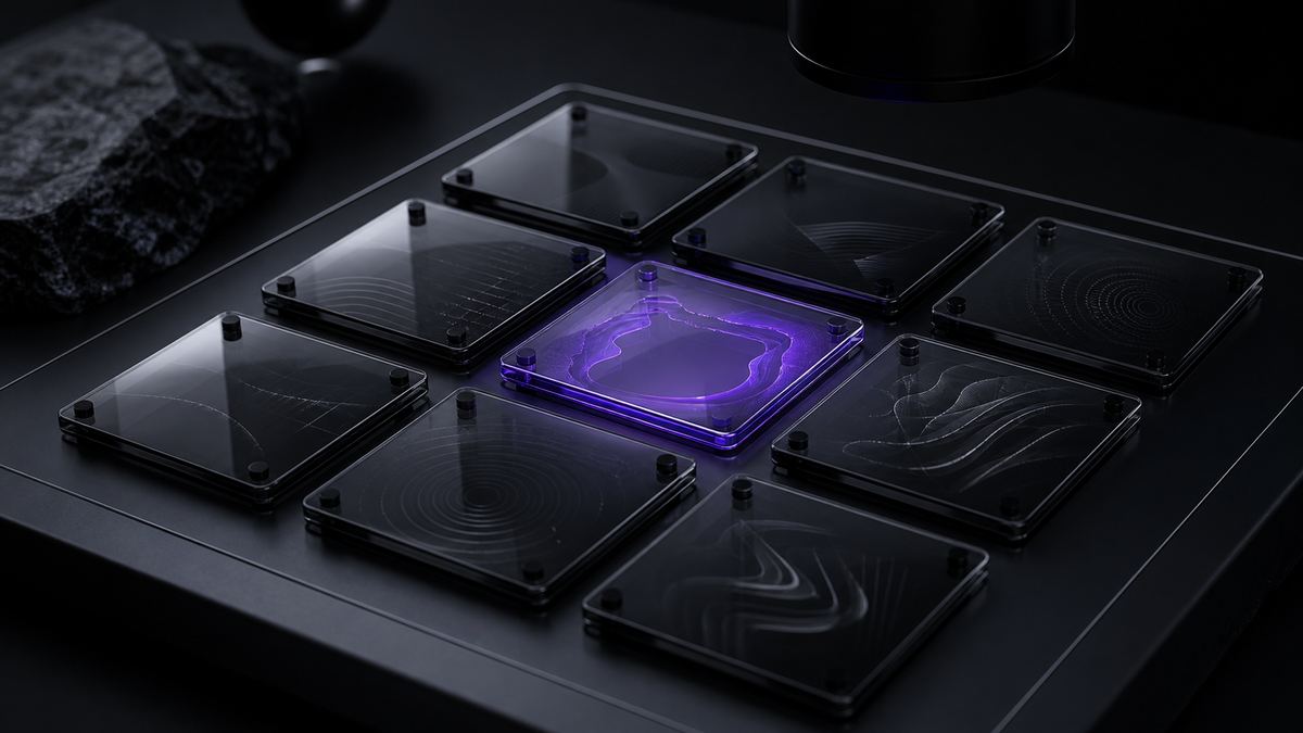 Nine ultraviolet operating layers arranged for inspection on a polished black-glass audit surface