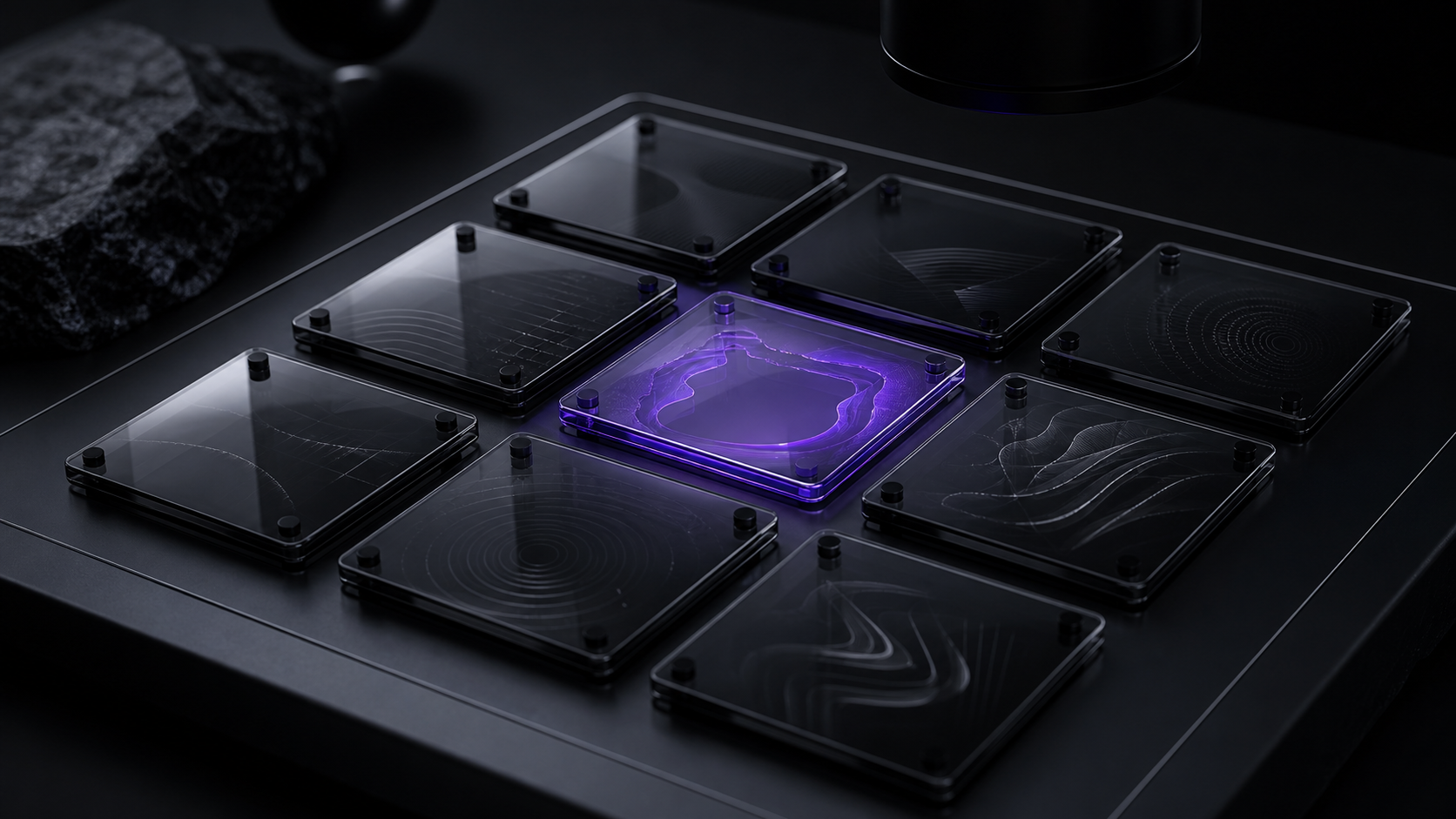 Nine ultraviolet operating layers arranged for inspection on a polished black-glass audit surface