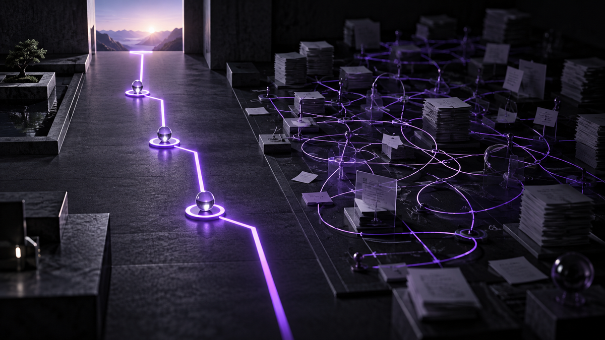 One clear ultraviolet route with three milestones beside a tangled network of notes and repeated planning loops