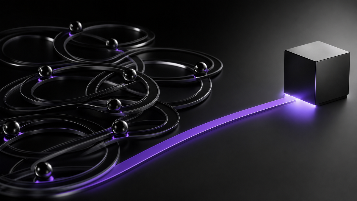 An ultraviolet execution path cutting through layered black-glass planning loops toward one finished output