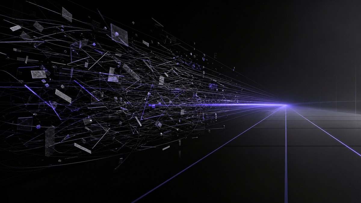 Fragmented lines resolving into an ordered path, representing mental clutter becoming clarity