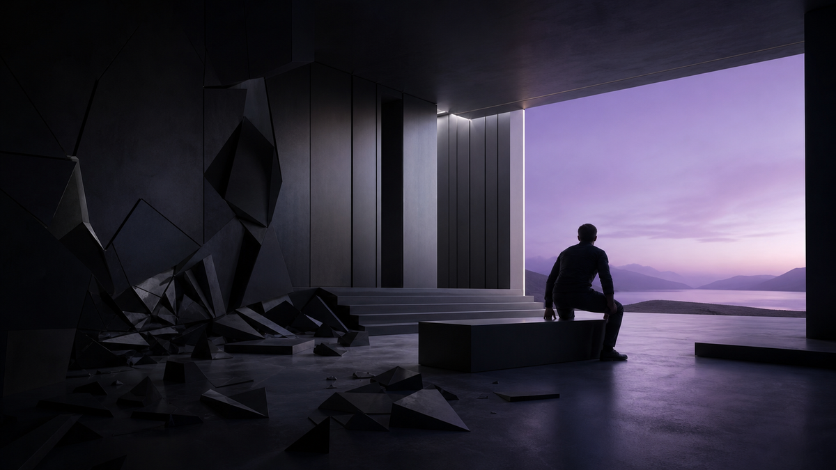 A calm figure moving from fractured dark architecture toward an ordered ultraviolet horizon