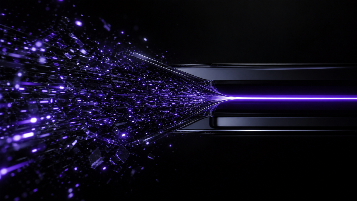 A fragmented ultraviolet signal becoming one deep focused beam across a dark black-glass environment