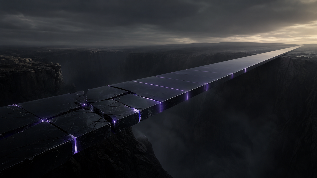 A fractured black-glass pathway rejoining through precise ultraviolet connections, representing rebuilt self-trust