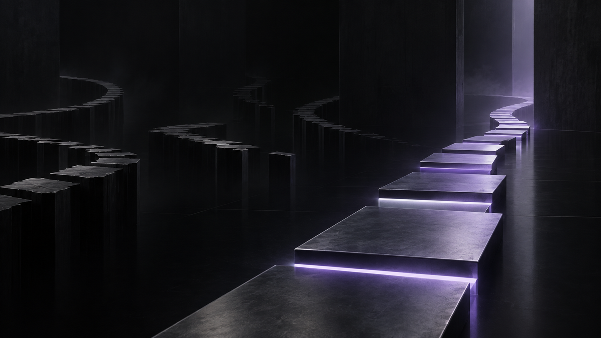 Several winding paths pass between dark architectural walls towards an illuminated opening.