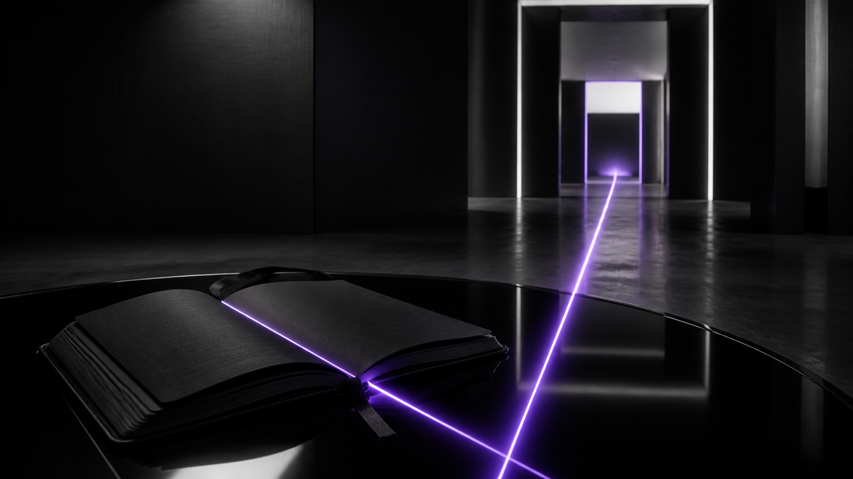 An open dark notebook with a violet line extending towards a series of open doorways.