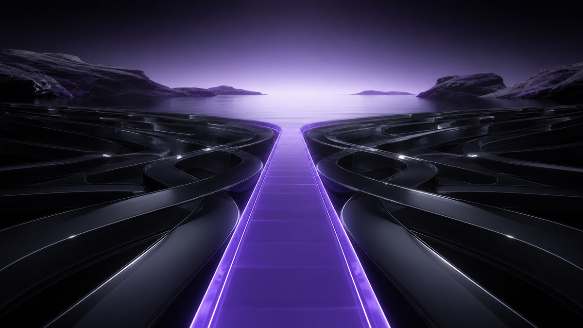 One illuminated ultraviolet pathway emerging from many dim routes, representing a focused life reset