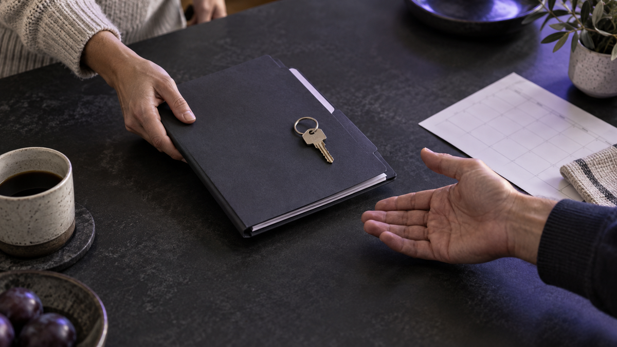 Two people passing a dark folder and keys across a kitchen table.