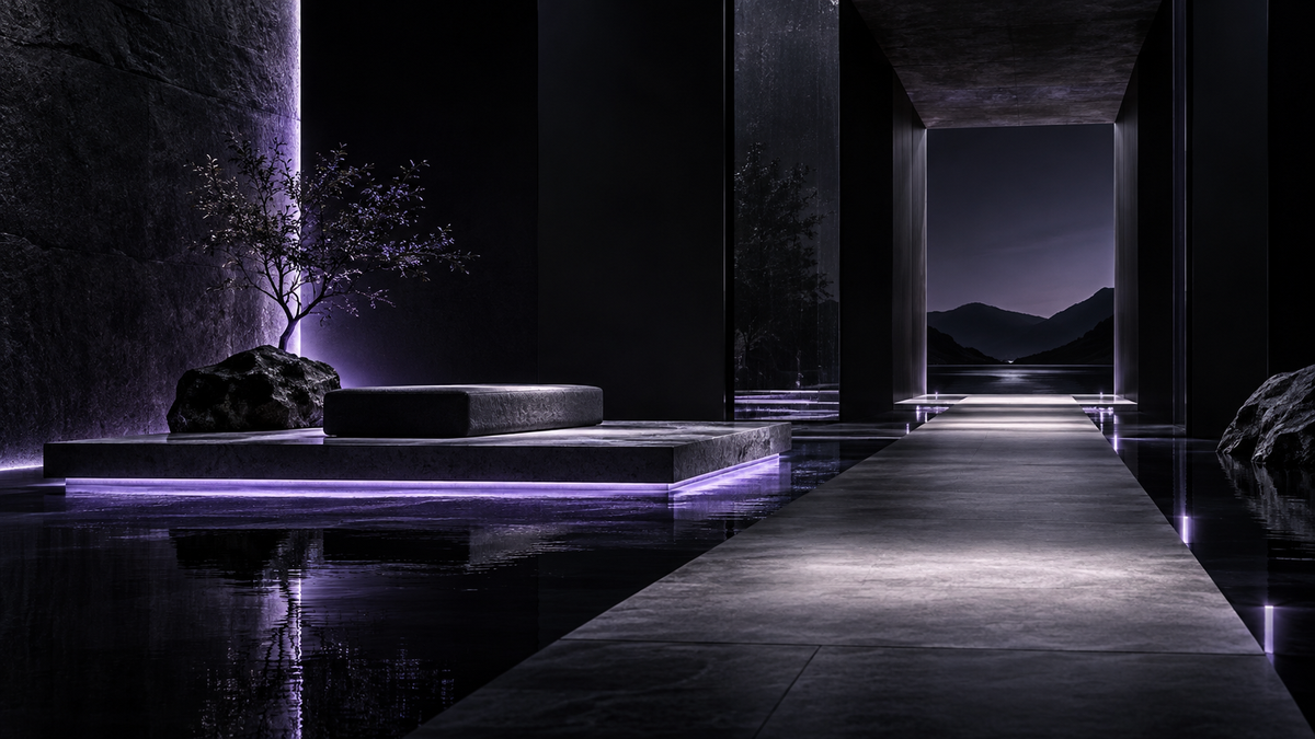 Quiet dark recovery platform beside a clear ultraviolet pathway continuing towards open space