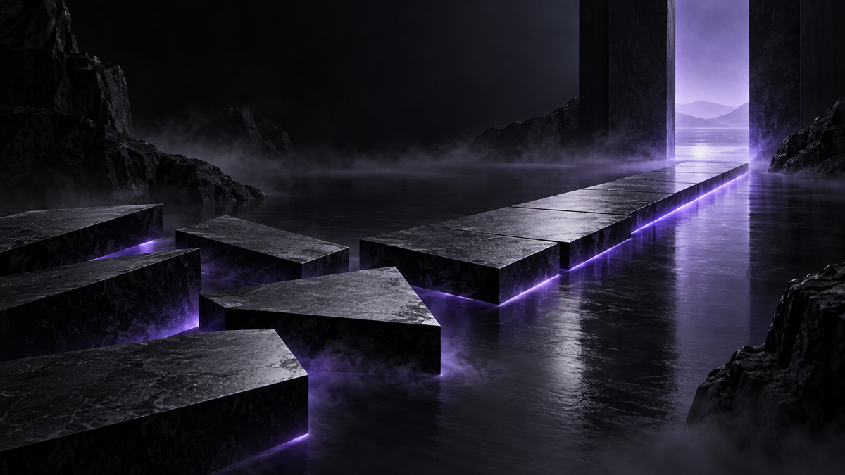 Scattered charcoal platforms aligning into one stable ultraviolet pathway after a period of disruption