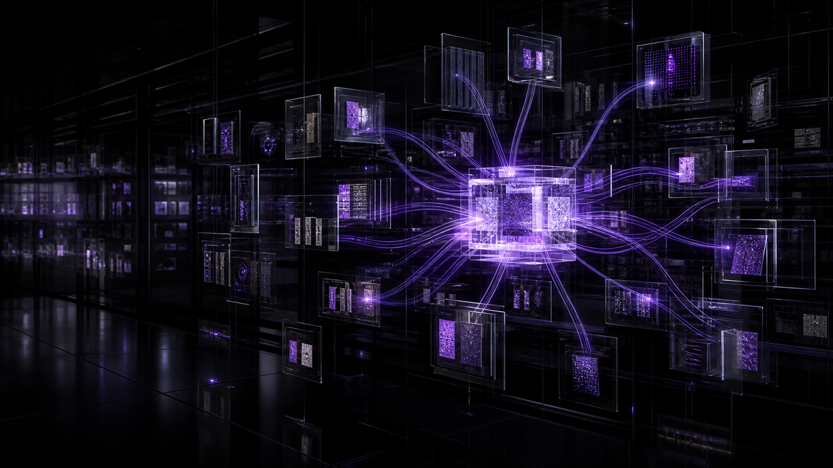 A black-glass knowledge archive connected to a central ultraviolet memory core.
